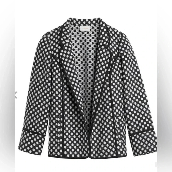 Chicos Polka Dot Plush Jacket Open Front Pockets Black White Collared - Picture 2 of 14